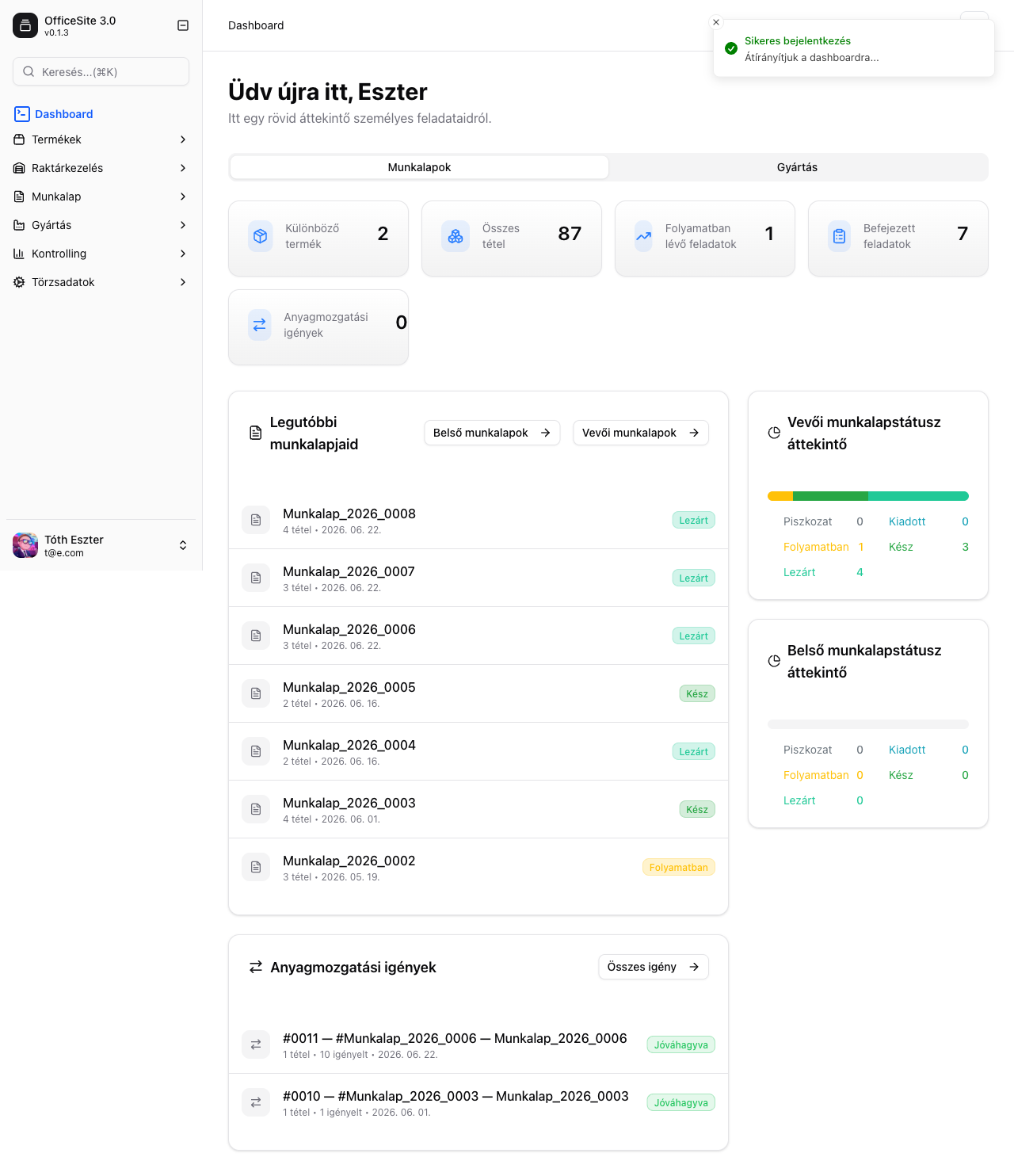 Dashboard főoldal